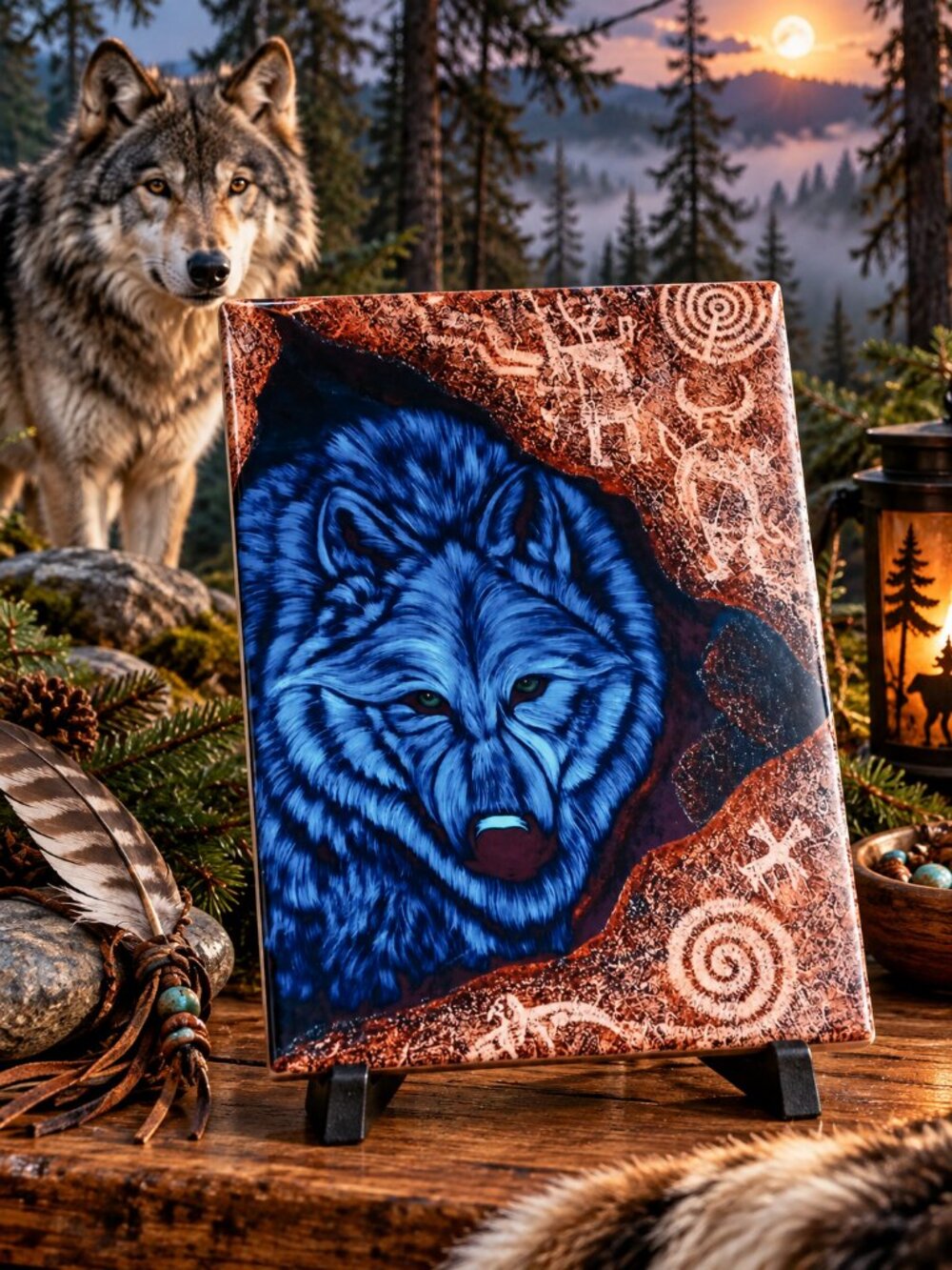 "Sacred Place" Wolf Artwork/Art Tile by Native American Artist William Rabbit